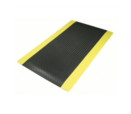 Antifatigue Mat: Diamond Plate, 2 ft x 3 ft, 3/4 in Thick, Black with Yellow Border, Beveled Edge