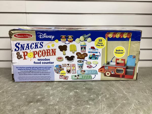 Melissa & Doug Disney Snacks & Popcorn Wooden Pretend Play Food Counter – 33pc
