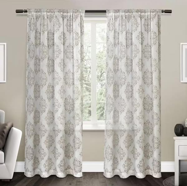 Nagano Taupe Medallion Sheer Rod Pocket Curtain, 54 in. W x 96 in. L (Set of 2)