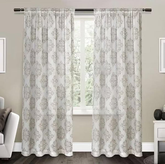 Nagano Taupe Medallion Sheer Rod Pocket Curtain, 54 in. W x 96 in. L (Set of 2)