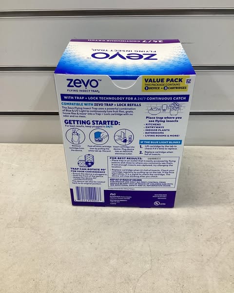 Zevo Flying Insect Indoor Light Fly Trap Starter Kit, Catches House Flies, Fruit Flies, Gnats and More - 1 Trap + 3 Refills