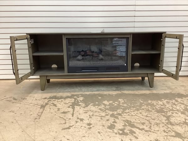 SCOTT LIVING ROSALIE 65 in. Freestanding Media Console Wooden Electric Fireplace in Warm Gray Birch