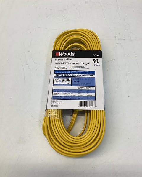 Woods 50 ft. 16/3 SPT-2 Flat Indoor Heavy-Duty Utility Extension Cord, Yellow