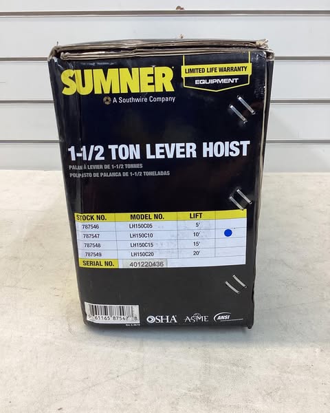 Sumner 1-1/2 Ton Lever Hoist W 10' Chain Fall