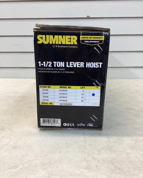 Sumner 1-1/2 Ton Lever Hoist W 10' Chain Fall