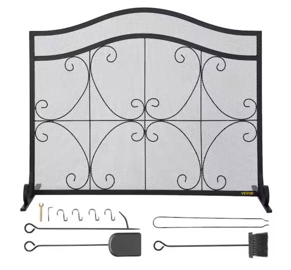 VEVOR Fireplace Screen 38 in. x 26.5 in. 1-Panel Heavy-Duty Iron Freestand Spark Guard with Support Fireplace Screen