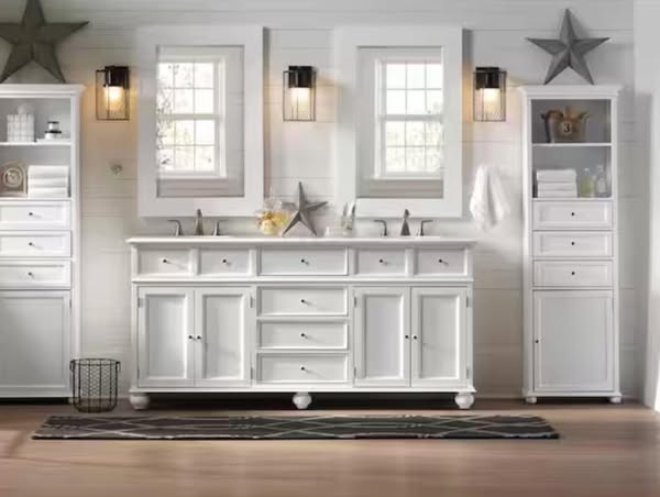 Home Decorators Collection Hampton Harbor 72 in. W x 22 in. D x 35 in. H Double Sink Freestanding Bath Vanity in White with White Marble Top
