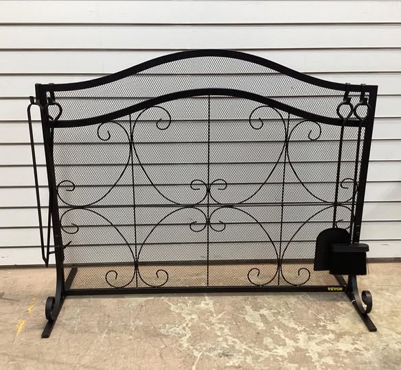 VEVOR Fireplace Screen 38 in. x 26.5 in. 1-Panel Heavy-Duty Iron Freestand Spark Guard with Support Fireplace Screen