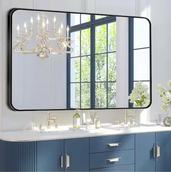 LuxHomez 30 in. W x 48. 2 in. H Rectangular Aluminum Frame Square Black Wall Mirror