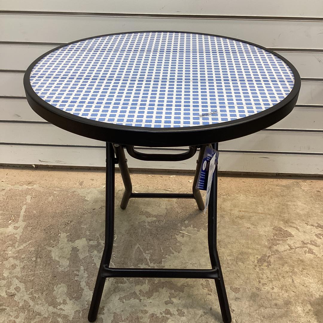Glass Round Printed Folding Outdoor Portable Side Table Blue/White/Black - Room Essentials