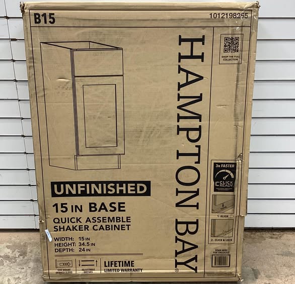 Hampton Bay 15 in. W x 24 in. D x 34.5 in. H Ready to Assemble Base Kitchen Cabinet in Unfinished with CLICKREADY Technology