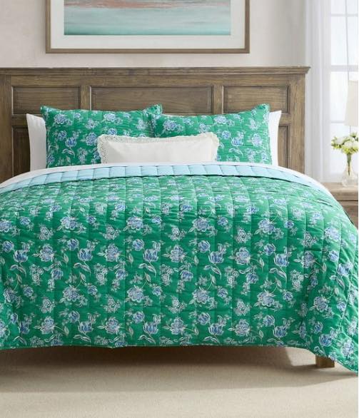 Draper James 4-Piece Printed Cotton Quilt Set, Full/Queen Size, Color Floral Green