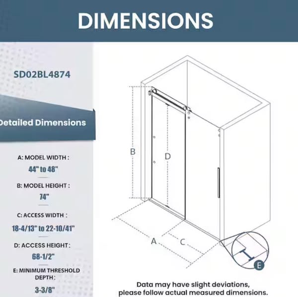 Peorsily 44 in.-48 in. W x 74 in. H Sliding Frameless Shower Door