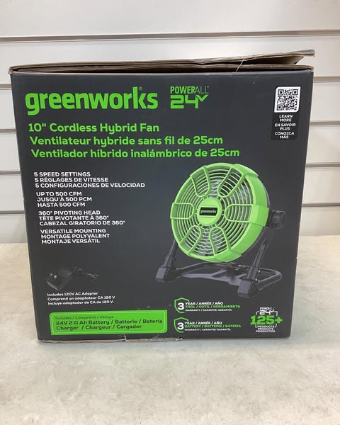 Greenworks Powerall 10" Cordless Hybrid Box Fan Kit with 2.0Ah Battery and Charger Green/Black