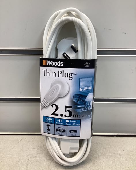 Woods Extension Cord Indoor Thin Plug SPT2 16/2 3-Outlet 2.5m 8.2Ft White