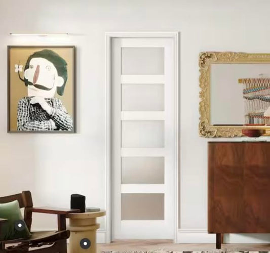 TENONER 24 in. x 80 in. Panel Glass Sliding Door, Single Door Panels White Wood Pocket Door Frame for Closets and Interiors