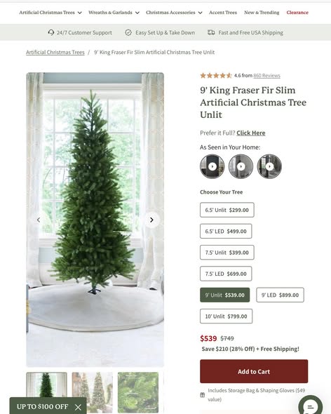 9' King Fraser Fir Slim Artificial Christmas Tree Unlit