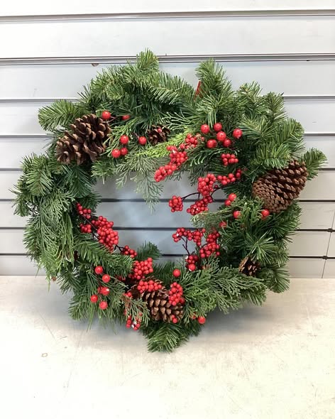 28" Mixed Greenery and Cedar with Pinecones and Red Berries Artificial Christmas Wreath Green - Wondershop™: Unlit, Indoor/Outdoor Use