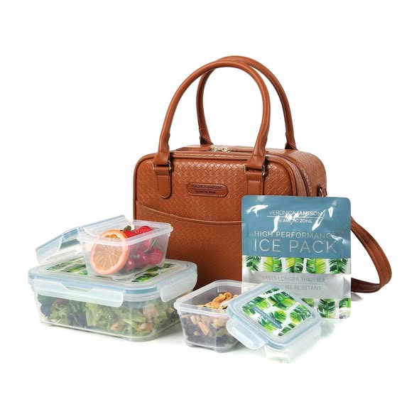 Veronica Jamison Hampton Faux Leather Lunch Tote by Arctic Zone, Lunch Bag with Food Storage & Ice Pack