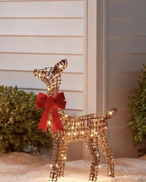 LED Faux Rattan Deer with Red Bow Christmas Novelty Sculpture Light - Wondershop