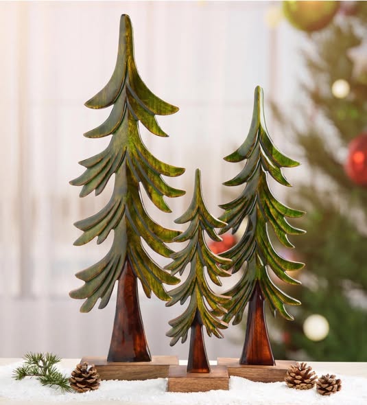 Wood and Enamel Trees Set of 3