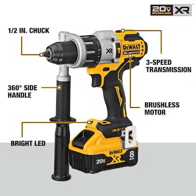 DEWALT XR POWER DETECT 1/2-in 20-volt max Variable Speed Brushless Hybrid Capable Cordless Hammer Drill ( 1 -Batteries and Charger Included )