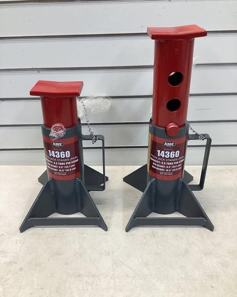 AME Jack Stand: Pin Adjustment, 9 ton Load Capacity, 16 1/2 in Max Extended Ht, Square, Steel, 1 PR