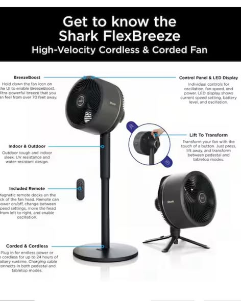 Shark FlexBreeze 13 in. 5-Speed Outdoor and Indoor Pedestal Fan in Dark Grey InstaCool Misting Attachment Corded and Cordless