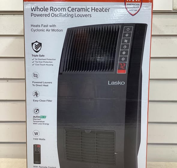 Lasko 1500-Watt 20 in. Black Electric Console Ceramic Space Heater with Tip-Over Switch, Adjustable Louvers, Timer, Remote