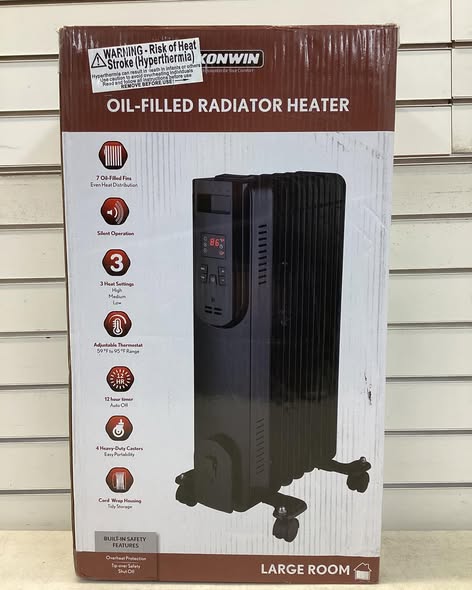 Konwin 1500-Watt Black Indoor Electric Oil-Filled Radiator Convection Radiant Space Heater with Remote Control for Living Space