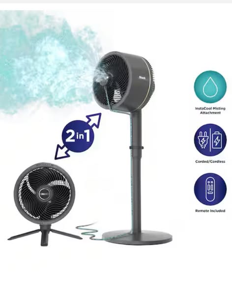 Shark FlexBreeze 13 in. 5-Speed Outdoor and Indoor Pedestal Fan in Dark Grey InstaCool Misting Attachment Corded and Cordless