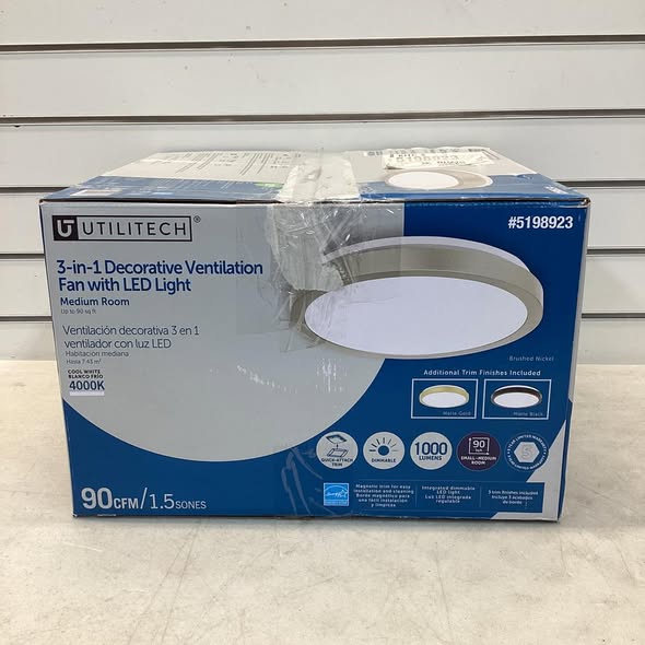 Utilitech Magnetic LED Fan 1.5-Sone 90-CFM Nickel, black, and gold Decorative Lighted Bathroom Ventilator Fan