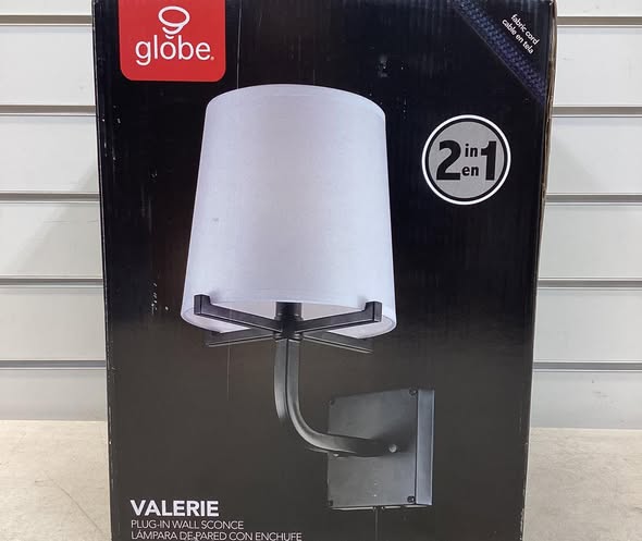 Globe Electric Valerie 8.98 in. 1-Light Dark Bronze Plug-In Wall Sconce Light with White Fabric Shade for Indoor Use