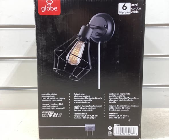 Globe Electric Verdun 6.89 in. 1-Light Matte Black Wall Sconce Light with Industrial Cage and Plug-In or Hardwire Option for Kitchen
