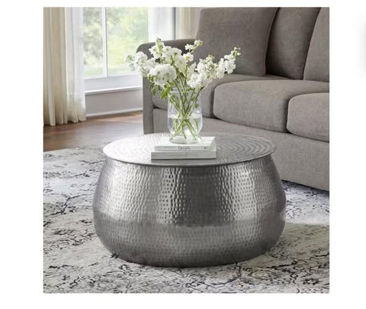 Home Decorators Collection Calluna 30 in. Silver Medium Round Metal Coffee Table with Lift Top Storage