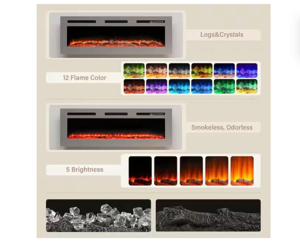 Boyel Living 50 in. Wall Mounted and Recessed Stainless Steel Electric Fireplace in Silver