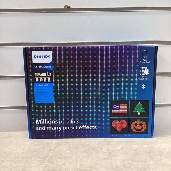 528ct 7.5' x 7.2' Philips ChromaBright LED App Controlled Dewdrop Curtain Light with Fairy RGB LED's, Clear Wire, Indoor/Outdoor