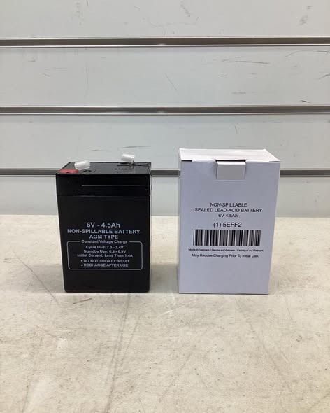 Sealed Lead Acid Battery: 6V DC, 4.5 Ah Capacity, 3.98 in Ht, 1.88 in Wd, 2.78 in Dp