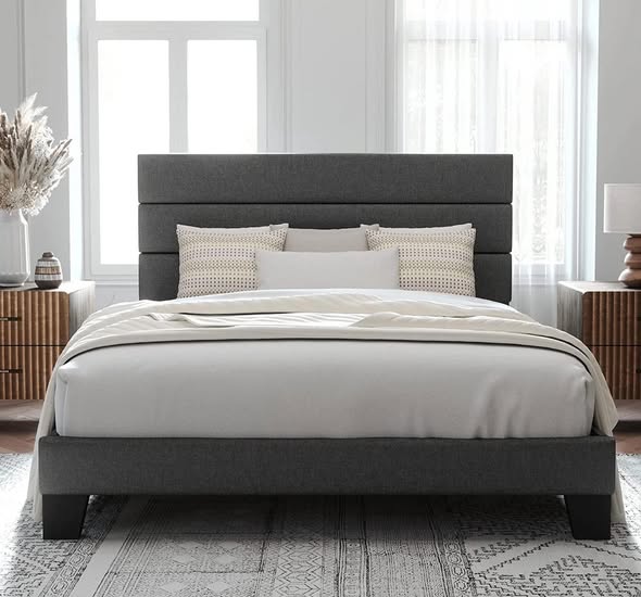Queen Size Platform Bed Frame with Fabric Upholstered Headboard, No Box Spring Needed, Dark Grey