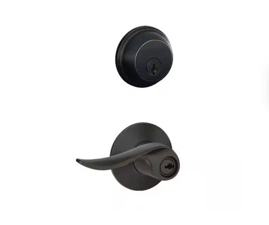 Schlage Sacramento Aged Bronze Single Cylinder Deadbolt and Keyed Entry Door Handle Combo Pack