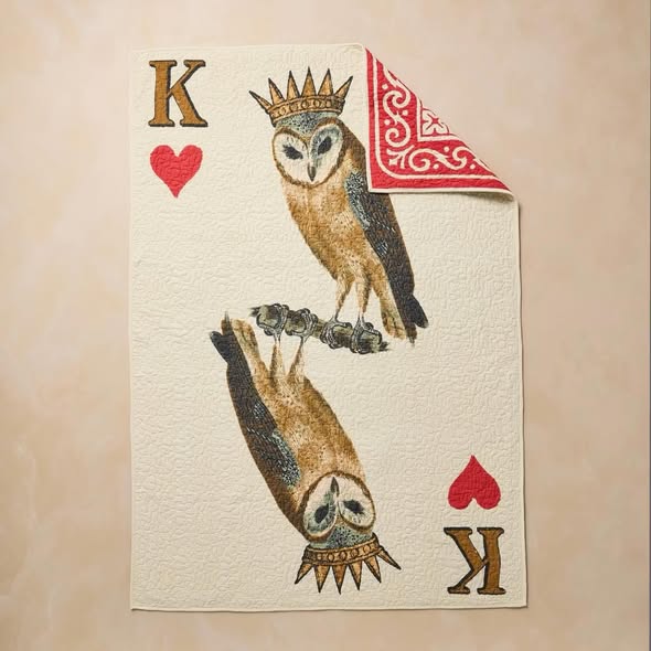 John Derian 70"x50" Reversable King of Hearts Owl Card Quilt