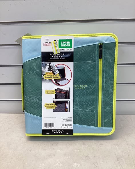 Five Star 2" Sewn Zipper Binder with File Folders Fashion Minty Palm