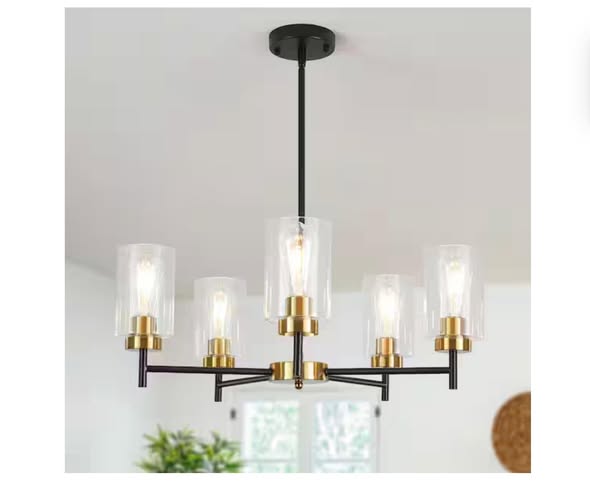 Chandelier - Delmo 5-Light Black/Gold Dimmable Rustic Chandelier with Cylinder Glass Shade Kitchen Island Pendant Light