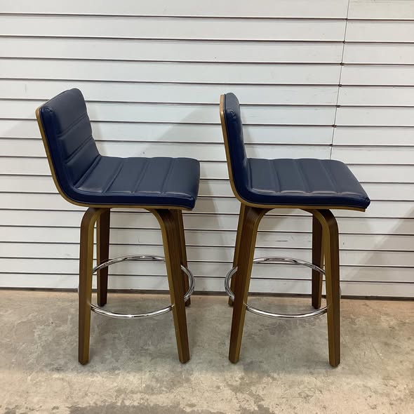 Bar Stools - Bekrvio 26" Swivel Bar Stools Set of 2, Faux Leather Upholstered Counter Chairs with Wood Legs, Mid-Century Seating for Kitchen Island,Blue