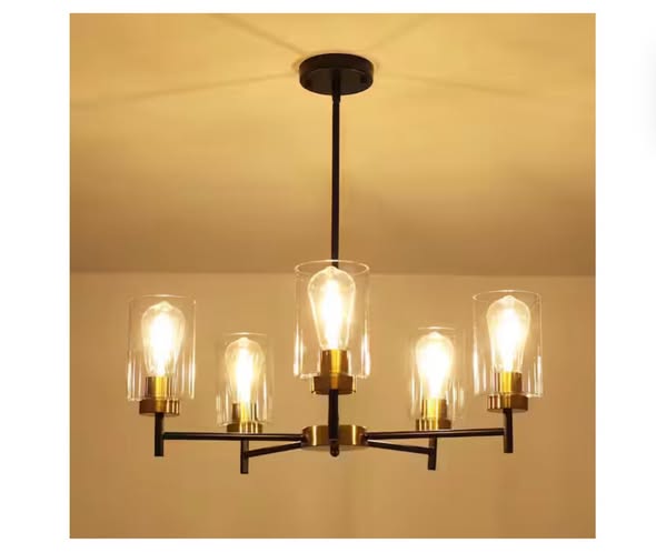 Chandelier - Delmo 5-Light Black/Gold Dimmable Rustic Chandelier with Cylinder Glass Shade Kitchen Island Pendant Light