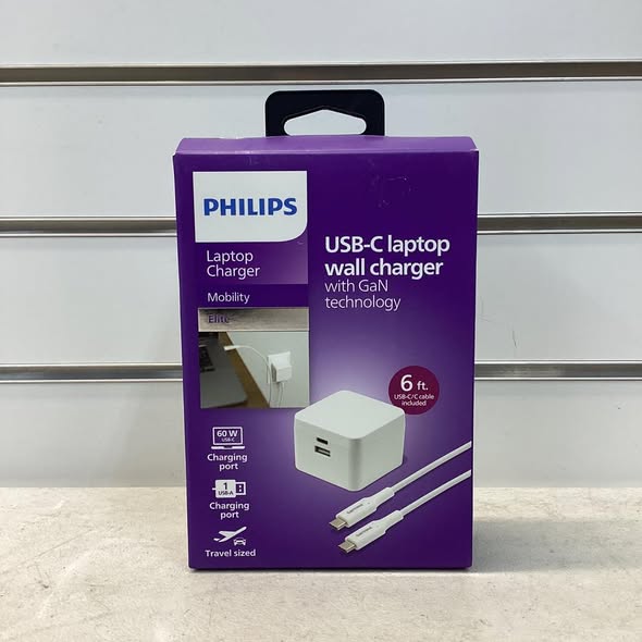 Charger - Philips USB Wall Charging Kit, 60W GaN USB C Charger Block with 6ft Braided Cord, Dual Port USB Cube