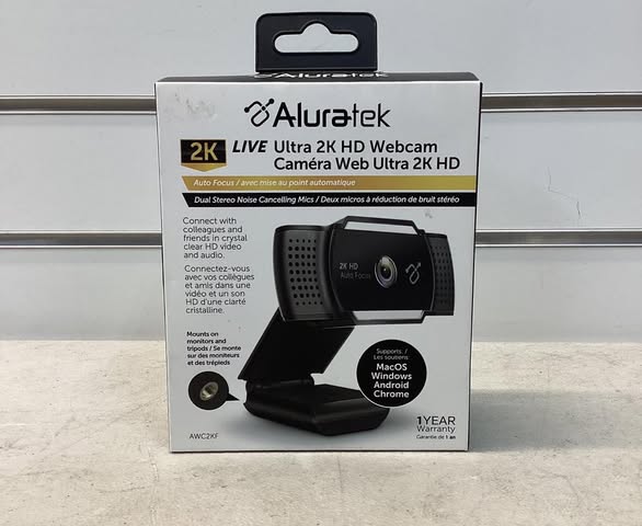Webcam - Aluratek 2K HD Webcam with Dual Stereo Noise Cancelling Mics, Auto Focus and Low Light Correction, Built-in Tripod Mount, Universally Compatible