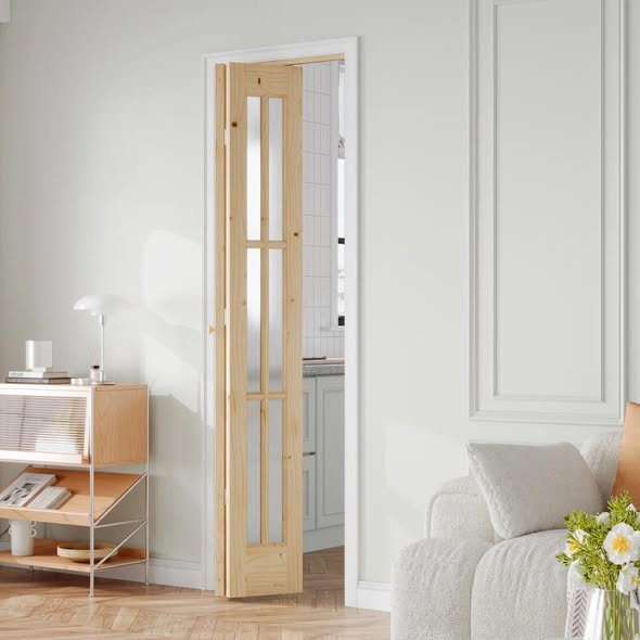 Door - Unfinished Solid Wood Glass Bi-Fold Door With Installation Hardware Kit - 24” x 80”