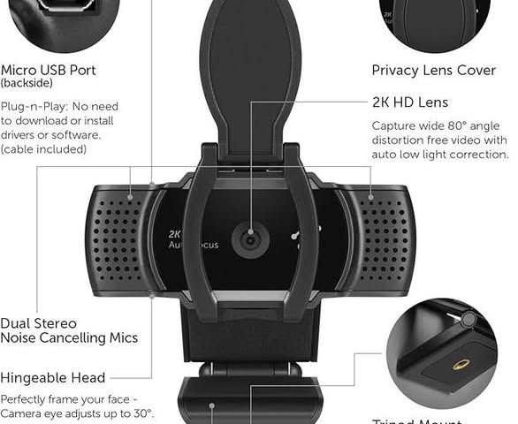 Webcam - Aluratek 2K HD Webcam with Dual Stereo Noise Cancelling Mics, Auto Focus and Low Light Correction, Built-in Tripod Mount, Universally Compatible