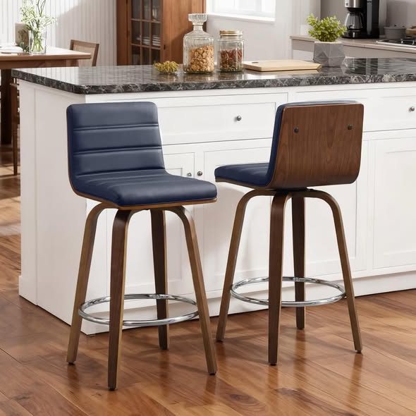 Bar Stools - Bekrvio 26" Swivel Bar Stools Set of 2, Faux Leather Upholstered Counter Chairs with Wood Legs, Mid-Century Seating for Kitchen Island,Blue